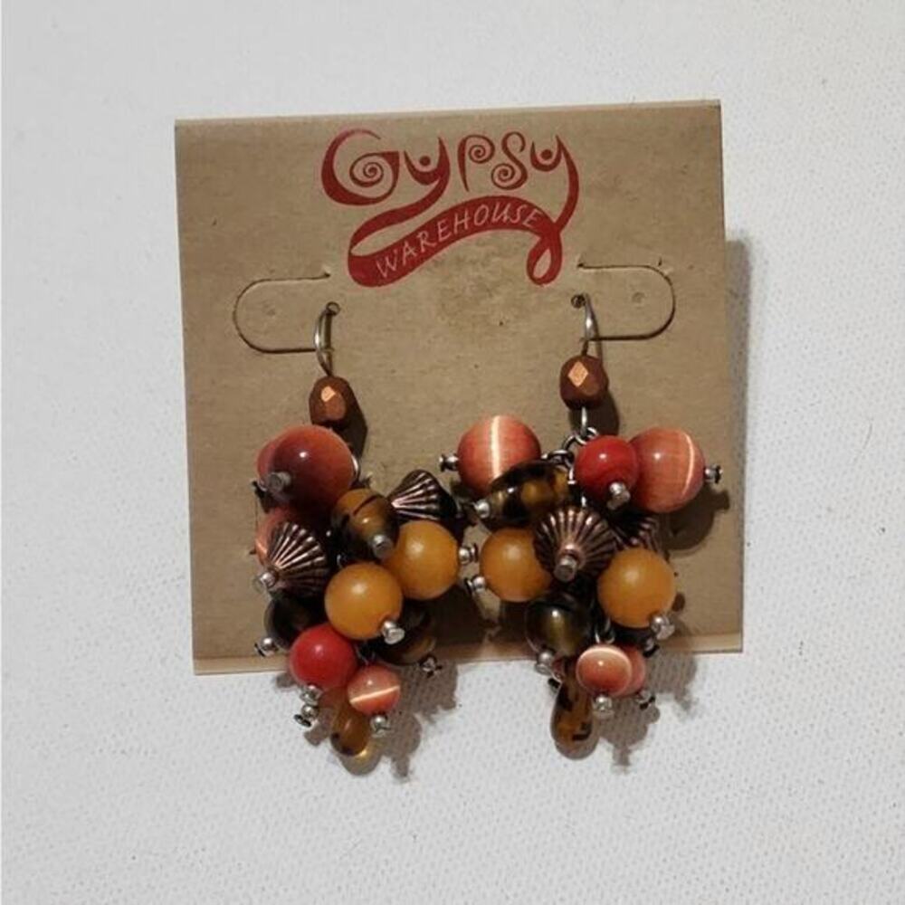 Treska Gypsy Beaded Cluster‎ Drop Earrings Orange Amber Brown Boho Dangle